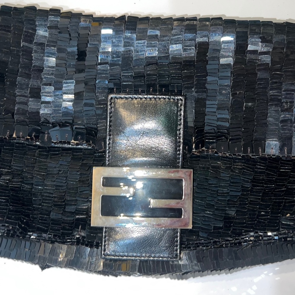 Vintage Fendi Baguette Bag, Black Sequin, Black Leather